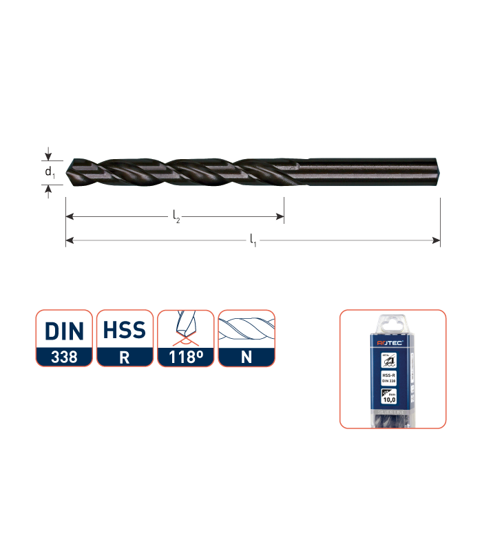 ROTEC HSS-R Spiraalboor DIN 338N gewalst   2,2 mm per 10