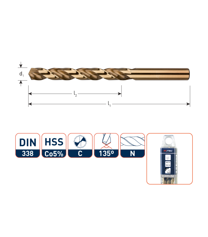 ROTEC HSS-Co5 Spiraalboor DIN 338 Cobalt splitpoint  2,5 mm per 10