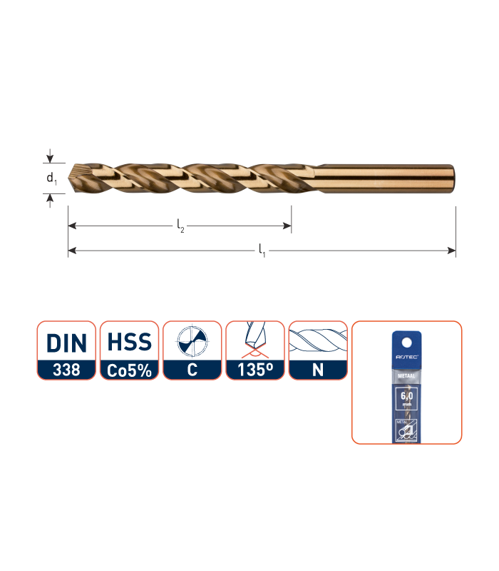 ROTEC HSS-Co5 Spiraalboor DIN 338 Cobalt...