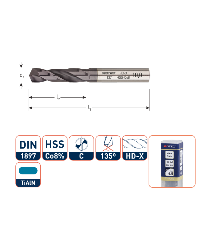 Werkö HSS-Co8 Spiraalb. DIN 1897 N-HD TiAlN  1,00 mm per 1