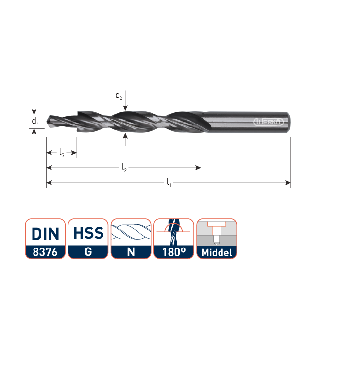 Werkö HSS Meerfasenboor    DIN 8376 180°  M 6...