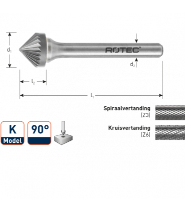 ROTEC HM-Stiftfrees, model K
Z3 / Spiraalvertand / ø3x1,5x38xø3mm 90° per 1