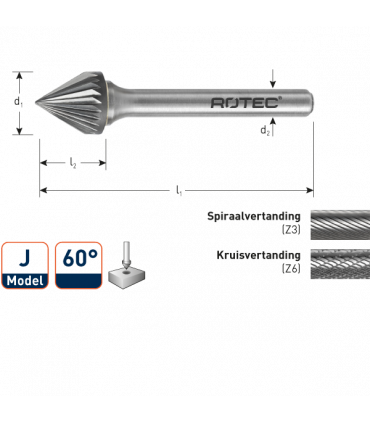 ROTEC HM-Stiftfrees, model J
Z3 / Spiraalvertand / ø9,6x8x56xø6mm 60° per 0