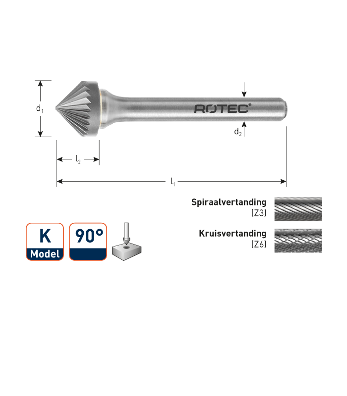 ROTEC HM-Stiftfrees, model K
Z3 / Spiraalvertand / ø12,7x6,3x55xø6mm 90° per 1