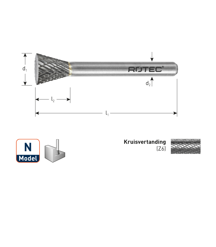 ROTEC HM-Stiftfrees, model N
Z6 / Kruisvertand / ø3x4x38xø3mm per 1