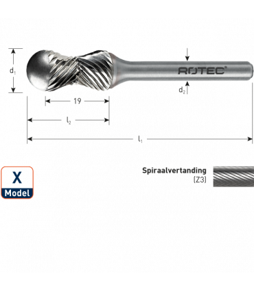 ROTEC HM-Stiftfrees, model X
Z3 / Spiraalvertand / ø12,8x25x70xø6mm per 0