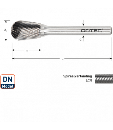 ROTEC HM-Stiftfrees, model DN
Z3 / Spiraalvertand / ø12,8x20x63xø6mm per 0