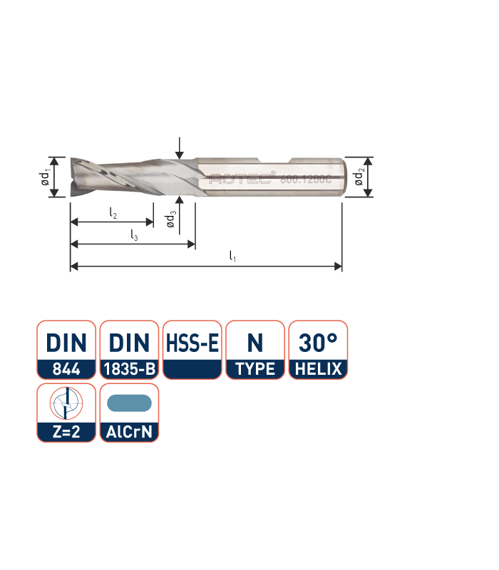 ROTEC HSS-E Spiebaanfrees, AlCrN-gecoat, ø4...