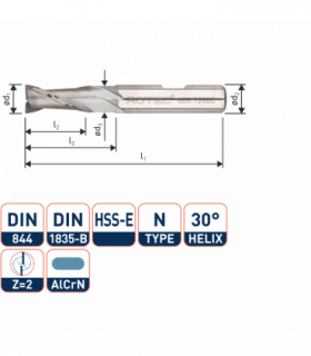 ROTEC HSS-E Spiebaanfrees, AlCrN-gecoat, ø5
ø5x13x57xø6mm...