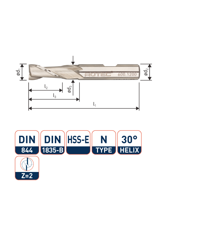 ROTEC HSS-E Spiebaanfrees, ongecoat, ø6,5
ø6,5x16x60xø8mm Z-2 / DIN 844-B / Kort
 per 0