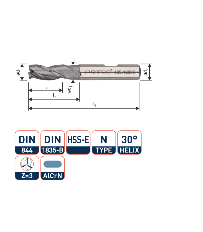 ROTEC HSS-E Universeelfrees, AlCrN-gecoat, ø2
ø2x7x51xø6mm Z-3 / DIN 844-B / Kort
 per 0