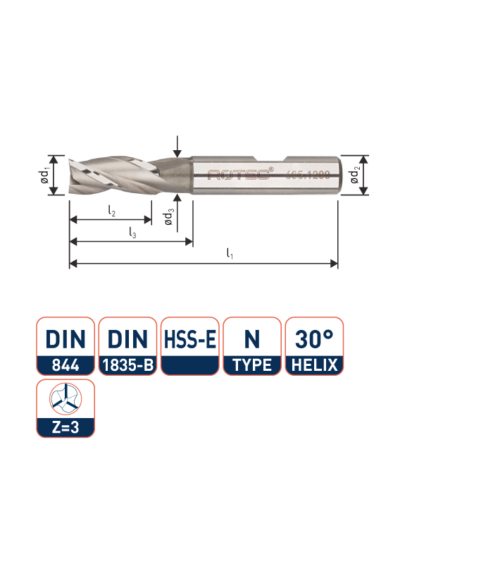 ROTEC HSS-E Universeelfrees, ongecoat, ø3,5
ø3,5x10x54xø6mm Z-3 / DIN 844-B / Kort
 per 0