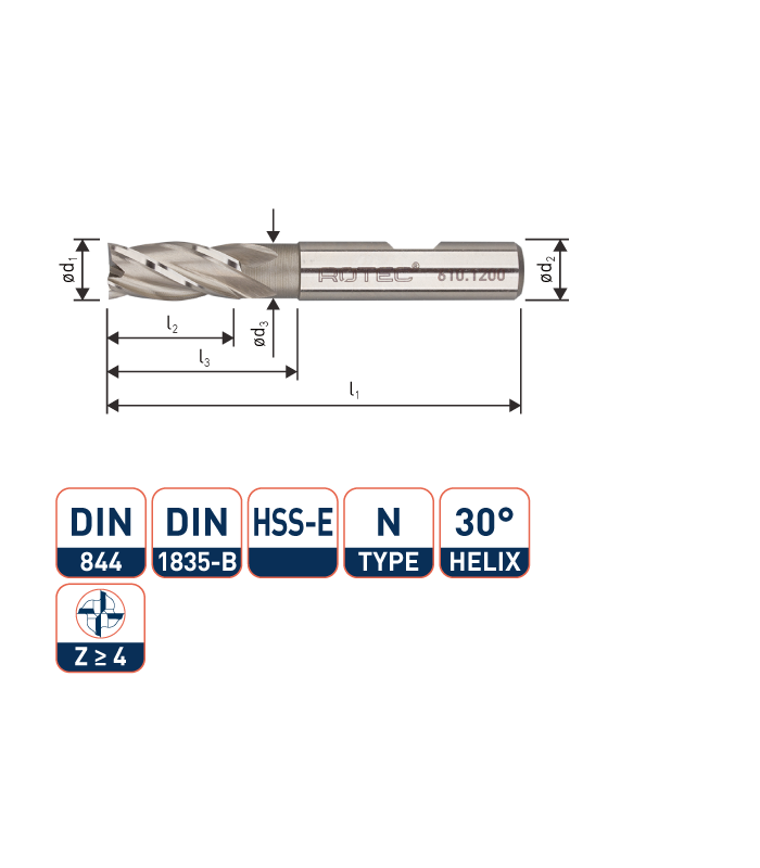 ROTEC HSS-E Vingerfrees, ongecoat, ø2
ø2x7x51xø6mm Z-4 / DIN 844-B / Kort
 per 0