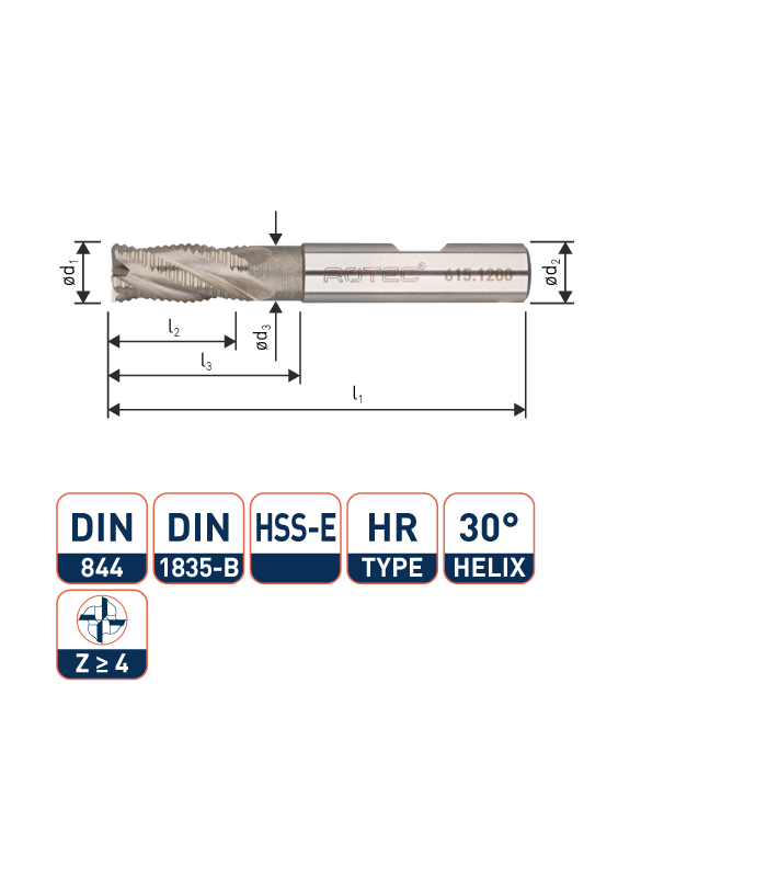 ROTEC HSS-E Ruwfrees, ongecoat, ø13
ø13x26x83xø12mm Z-4 / HR / DIN 844-B / Kort
 per 0