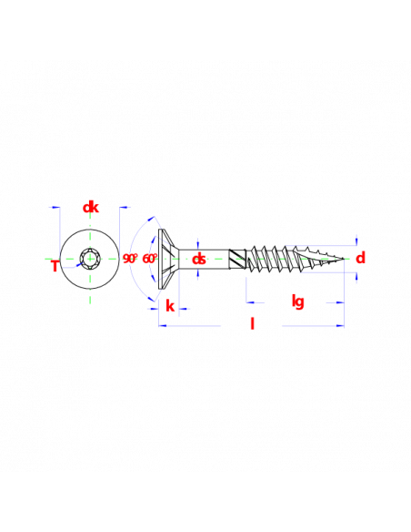 Vzk houtconstructieschroef * 6x280 Zn (T30) deeldraad - T-ster - verzonken kop punt 17 en freesribben op de schacht (100st)