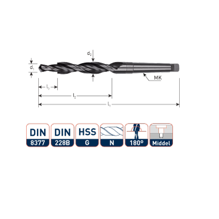 HSS-G Meerfasenboor  Morsekonus  180°  middelpassing