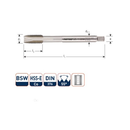 HSS-Co 800 Machinetap  BSW (Whitworth)  DIN 376  doorlopend